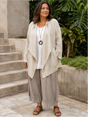 For Cynthia Linen Jacket Women 1X Asymmetric Draped Lagenlook Boho Neutral Beige